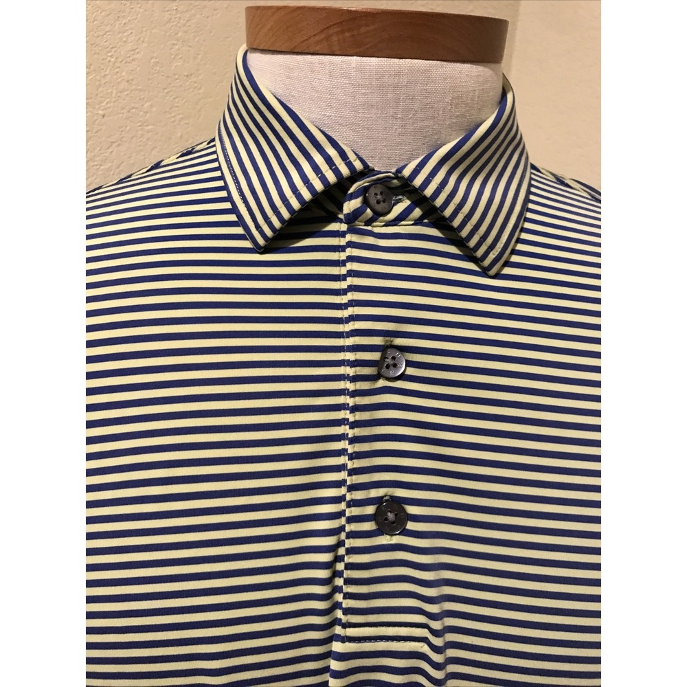 FootJoy‎ Mens Golf Polo Shirt Large Yellow Blue Striped Performance Short Sleeve